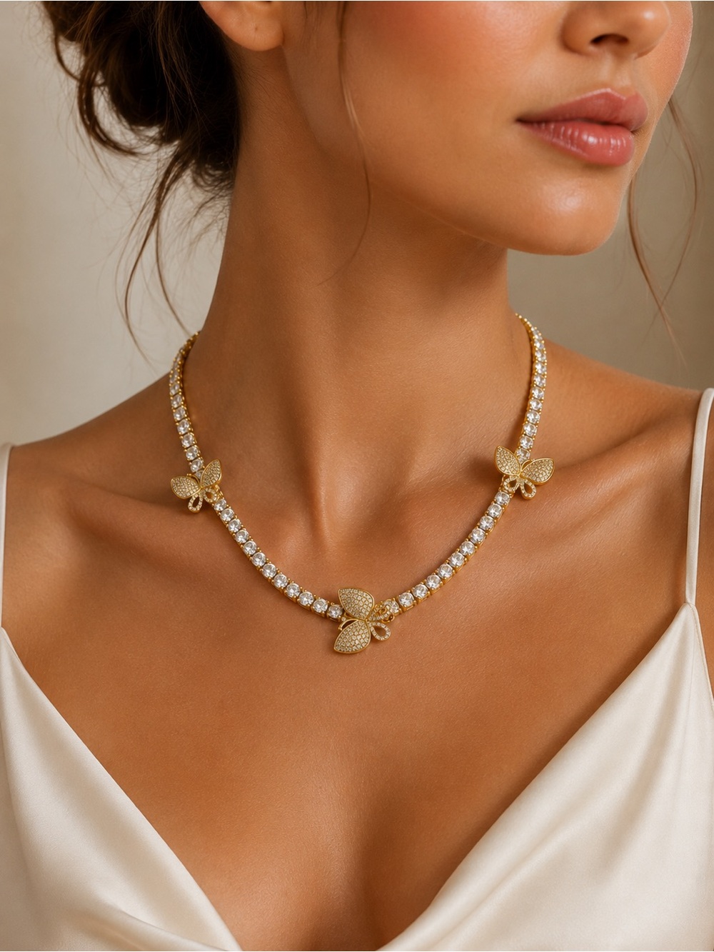 Gold Tone Butterfly Tennis Necklace | Sparkly CZ Statement | 18”